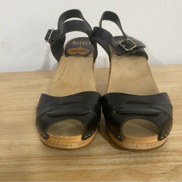Swedish Hasbeens Leather Peep Toe Wooden Ankle Strap Sandals Heels Black 36 6 - Picture 4 of 7